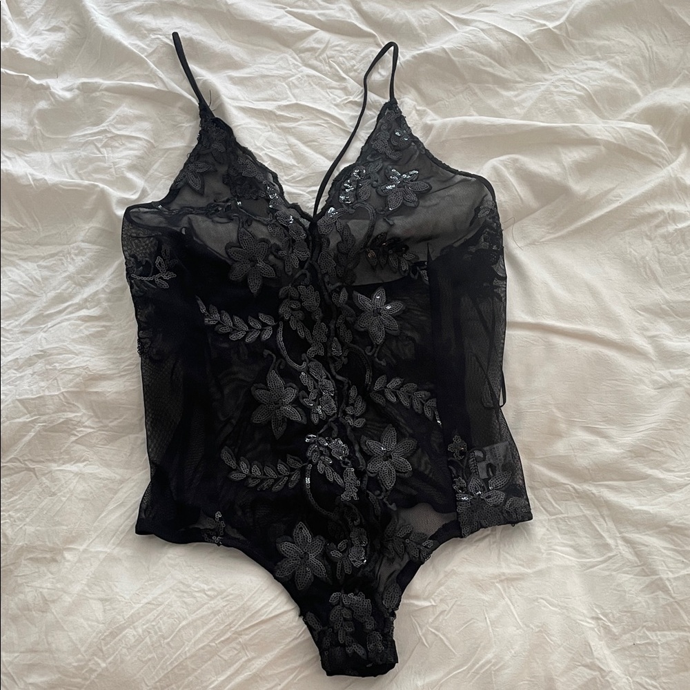 Fashion Nova XS Black Lace Sequin Sheer Bodysuit Romantic Goth